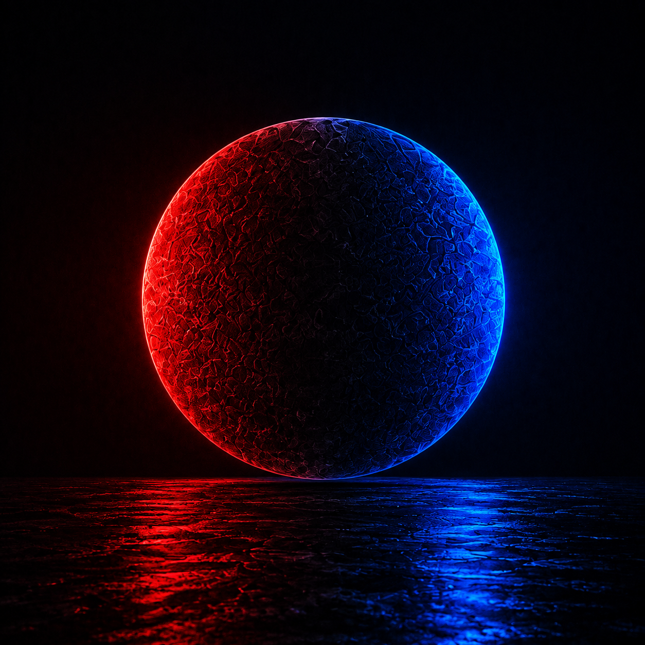 Rot und blau beleuchtete Kugel über einer dunklen spiegelnden Fläche – beispielhaftes Albumcover